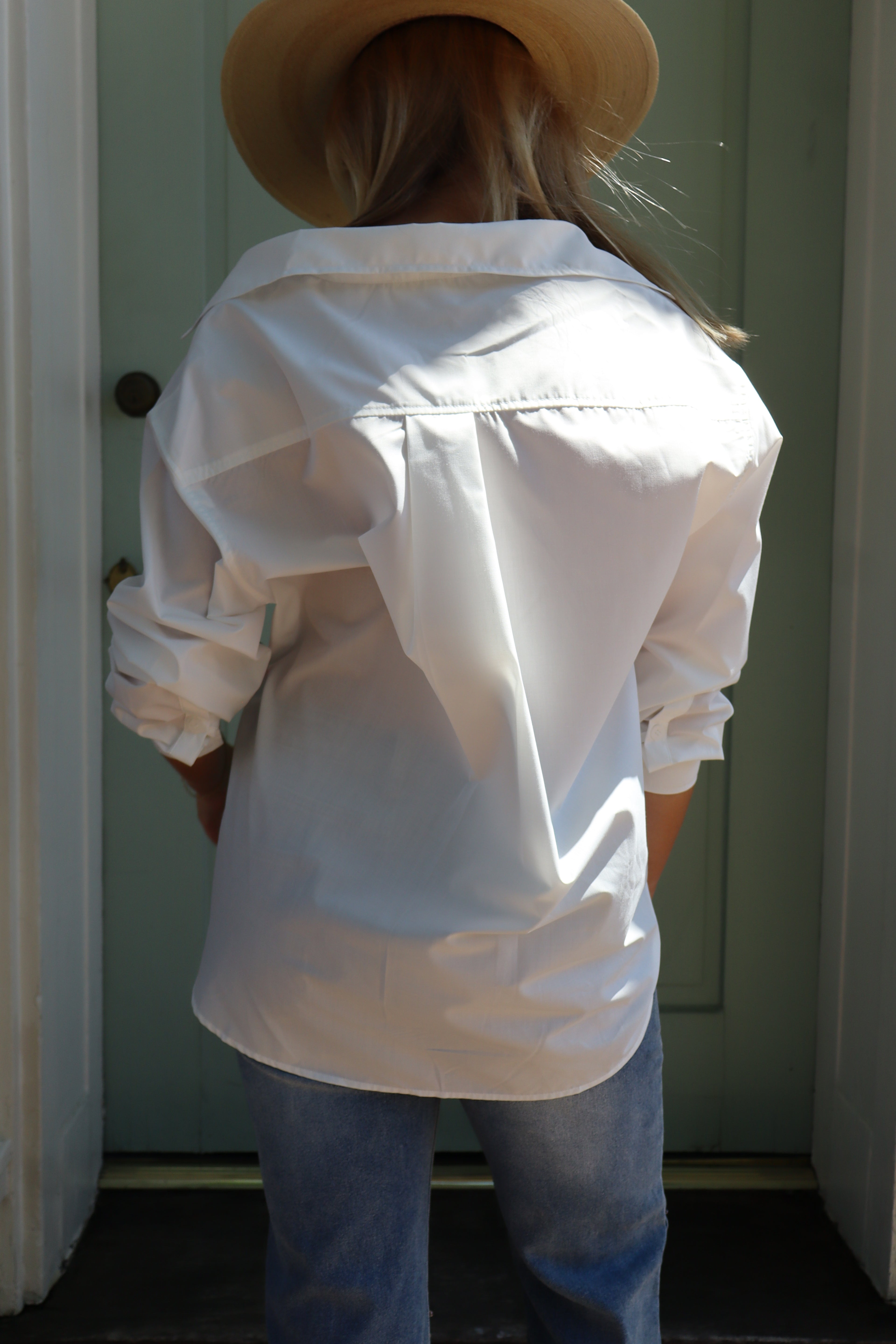 THE DOROTHY BUTTON DOWN-  WHITE W/ BLUE & RED DETAILS
