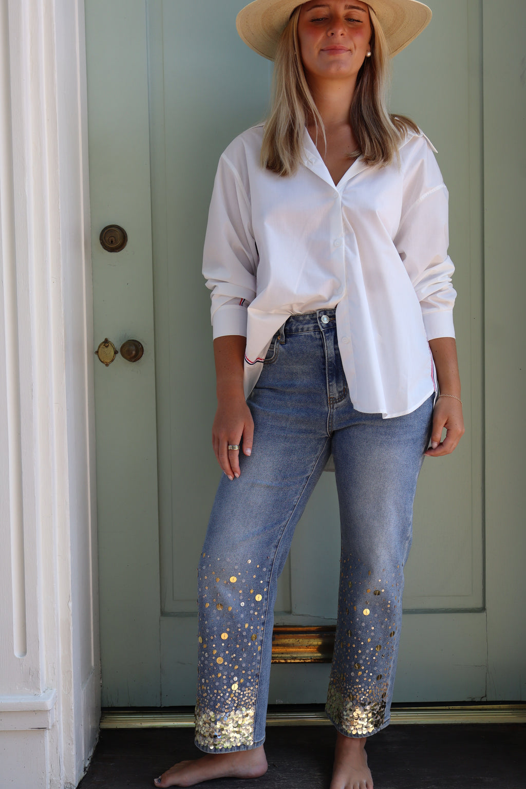 THE DOROTHY BUTTON DOWN-  WHITE W/ BLUE & RED DETAILS