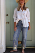 THE DOROTHY BUTTON DOWN-  WHITE W/ BLUE & RED DETAILS